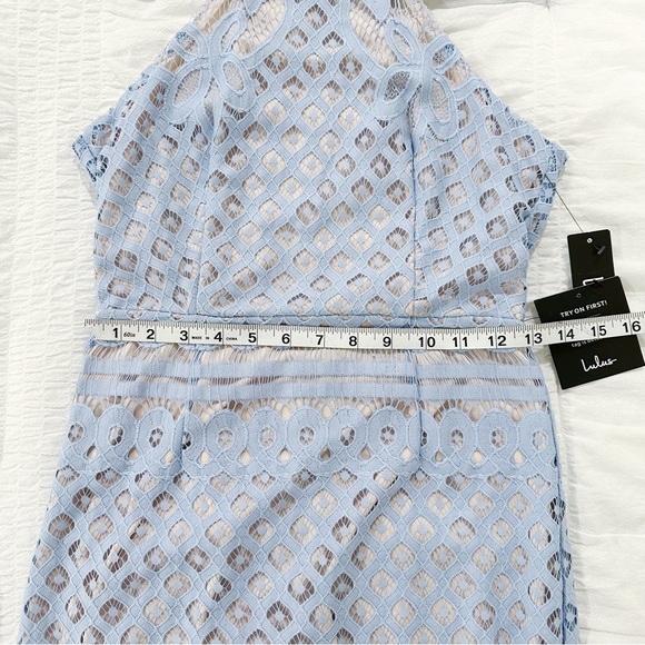 Lulus Steal a Kiss Light Blue Lace Dress Open Back Halter Mini Sheath Size Small - Picture 4 of 11